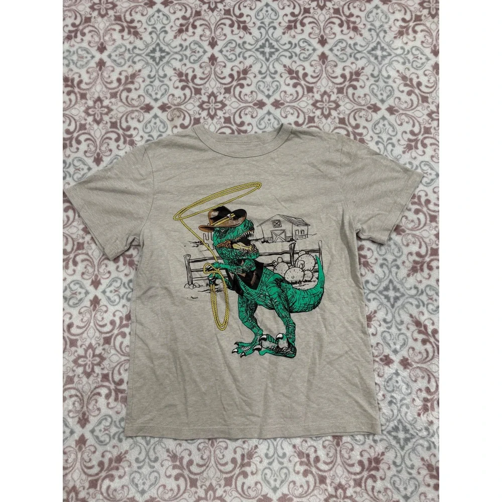 Childrens Place Boys Tan Cowboy T-Rex Dinosaur Graphic Tee Shirt Size M 7/8